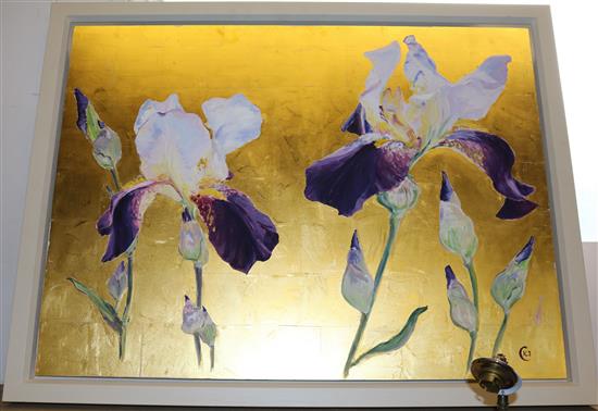 Katherine Jones Irises on gold leaf, 23.5 x 31.5in.